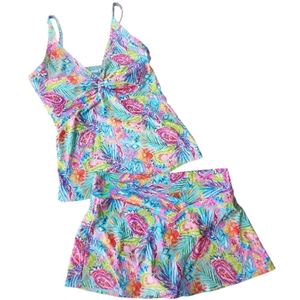Sunsets | Tropical Floral Women's Two Piece 36D Tankini Medium Swim Skirt Set - Picture 2 of 13